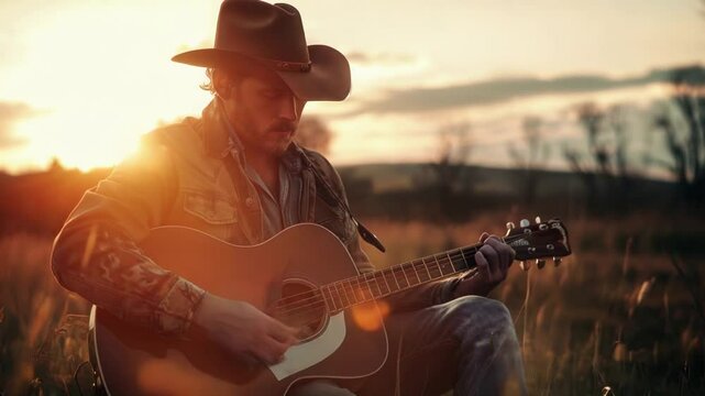 A man in a cowboy hat plays an acoustic guitar in a field at sunset