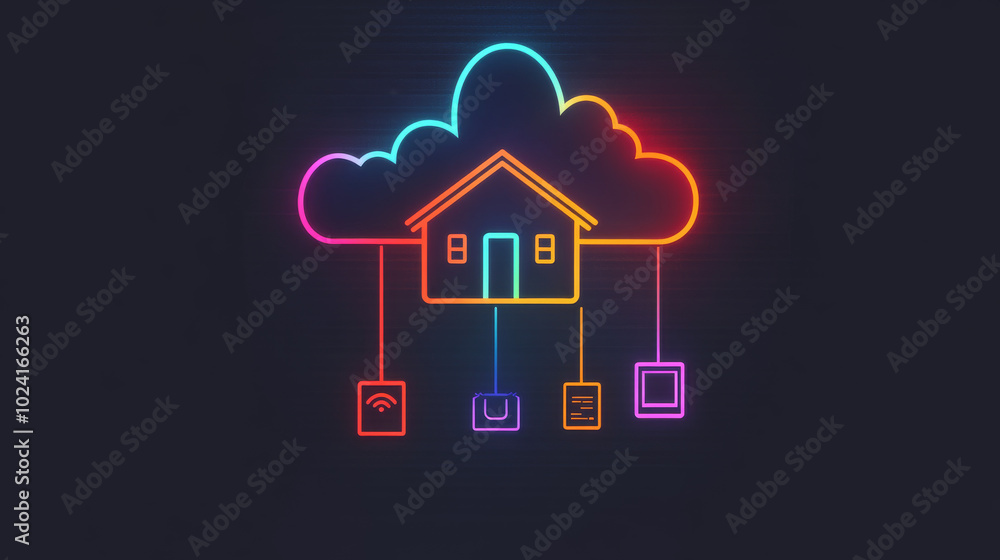 Poster a picture showing how smart home devices connect to the internet. the image includes a neon icon of 