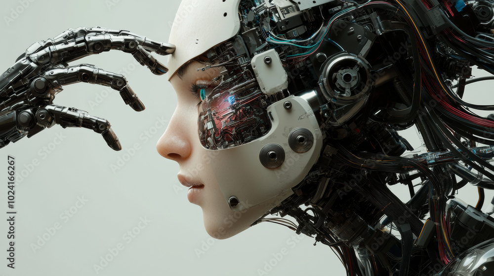 Poster a robot woman with a human-like face and mechanical hands is connected to a cybernetic system. her a