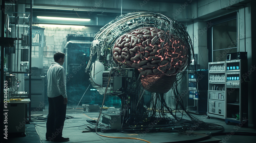Poster a giant computer, powered by artificial intelligence, is linked to a human brain through wires. this