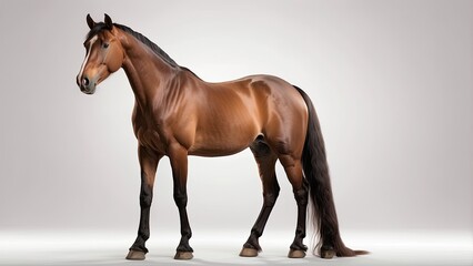 Obraz premium A calm mare standing tall with a sleek coat and gentle expression, representing beauty and serenity, isolated on white