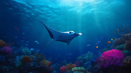 Obraz premium A majestic manta ray gracefully glides through vibrant coral reefs, surrounded by colorful marine life in a serene underwater landscape.