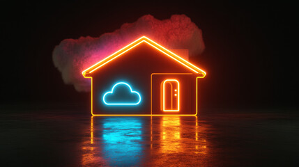 A picture showing how smart home devices connect to the internet. The image includes a neon icon of a house and a cloud, representing the internet and data storage.