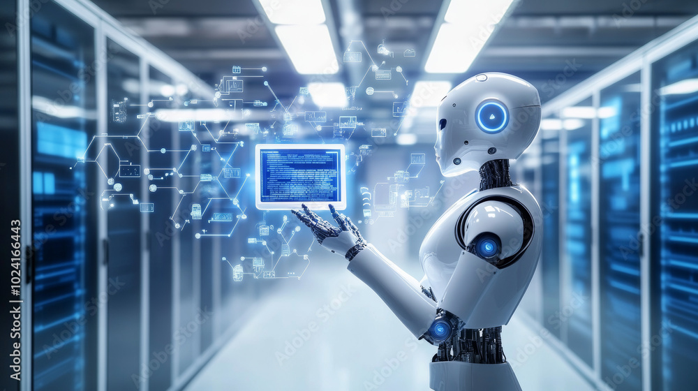 Poster ai can analyze information stored in the digital cloud. imagine a robot woman holding data from the 