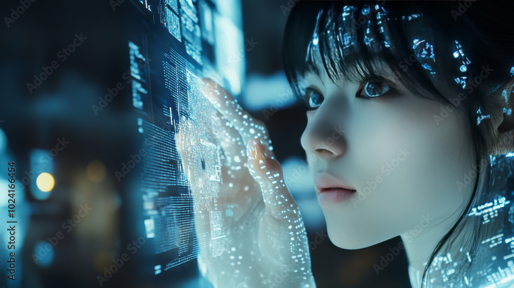 Poster ai can analyze information stored in the digital cloud. imagine a robot woman holding data from the 