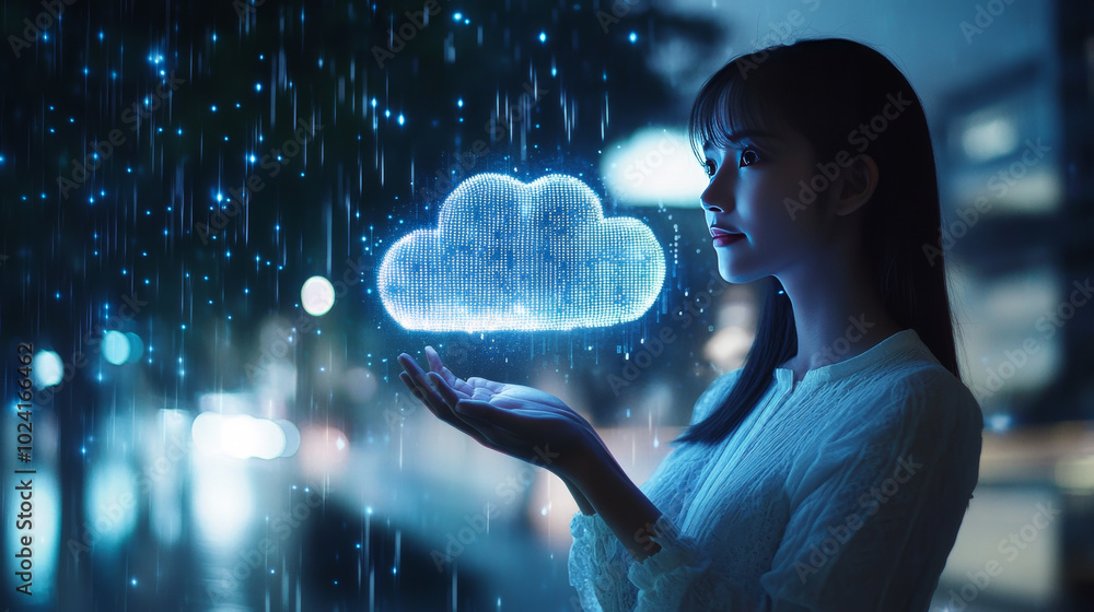 Poster ai can analyze information stored in the digital cloud. imagine a robot woman holding data from the 