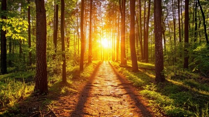 Obraz premium Golden Sunset Path Through a Forest