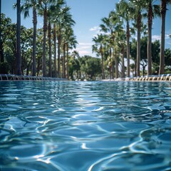 Fototapeta premium Serene swimming pool surrounded by lush palm trees under a bright sky, capturing a tranquil tropical oasis experience.