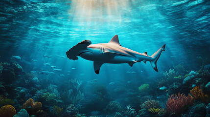 Fototapeta premium A dynamic underwater scene featuring a shark gracefully swimming among vibrant coral reefs, illuminated by rays of sunlight filtering through the ocean surface.