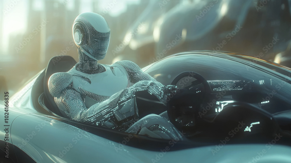 Poster a robot is driving a car that drives itself. the car's computer brain uses artificial intelligence t