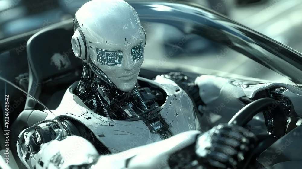 Poster a robot is driving a car that drives itself. the car's computer brain uses artificial intelligence t