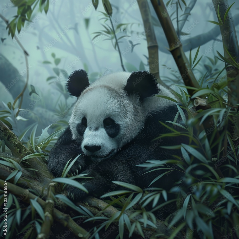 Poster a panda bear is resting in the shade of a tree. the image has a calm and peaceful mood, as the bear 