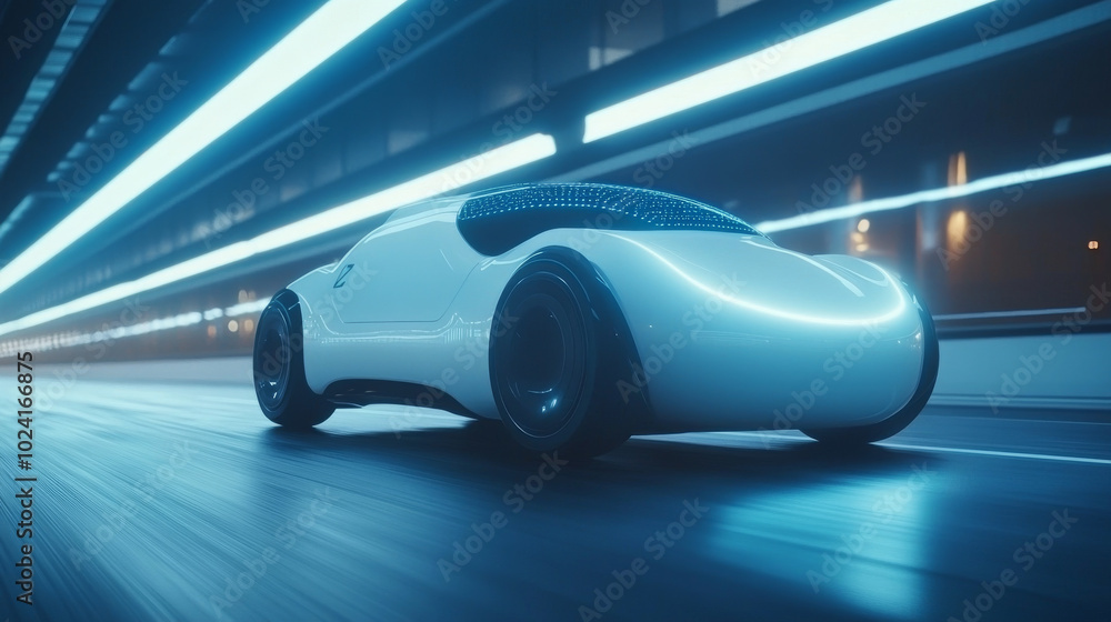 Poster a robot is driving a car that drives itself. the car's computer brain uses artificial intelligence t