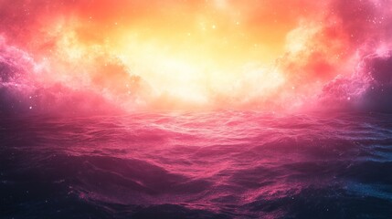 Fototapeta premium A vibrant, swirling nebula with a bright, celestial light in the center, reflected in a rippling body of water.