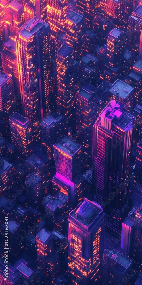 Poster repetitive layout of skyscrapers in vibrant synthwave colors, forming a pattern.