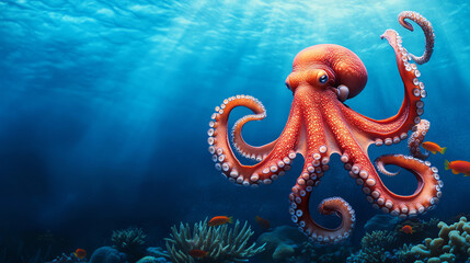 A vibrant and detailed image of an octopus swimming gracefully underwater amidst coral and colorful fish, showcasing the beauty of marine life.