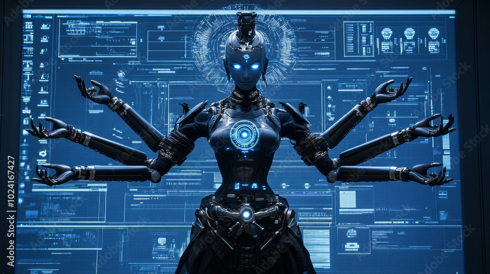 Poster a female robot with four arms, resembling the goddess kali, uses artificial intelligence to work wit
