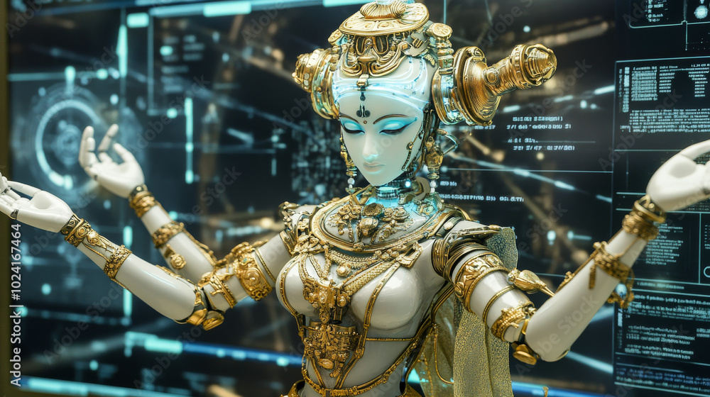 Poster a female robot with four arms, resembling the goddess kali, uses artificial intelligence to work wit