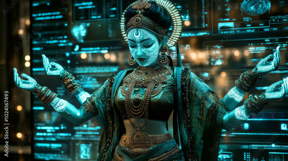 Poster a female robot with four arms, resembling the goddess kali, uses artificial intelligence to work wit