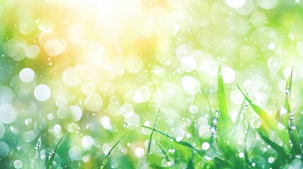 Obraz premium Close-up of raindrops falling on green grass, capturing the freshness and tranquility of a rainy day in nature