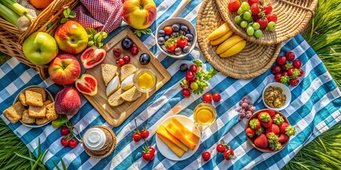 Vibrant Picnic Blanket with Fresh Fruit and Snacks in Flat Lay View for Outdoor Dining and Summer Gatherings