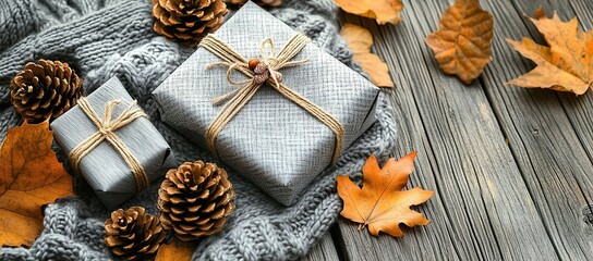 Fototapeta premium An arrangement of gray-wrapped gifts, pine cones, and autumn leaves on a wooden background
