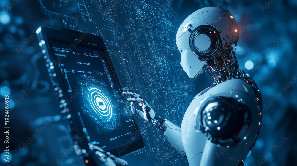Poster an ai robot examines a logo displayed on a phone. the image represents the concept of artificial int
