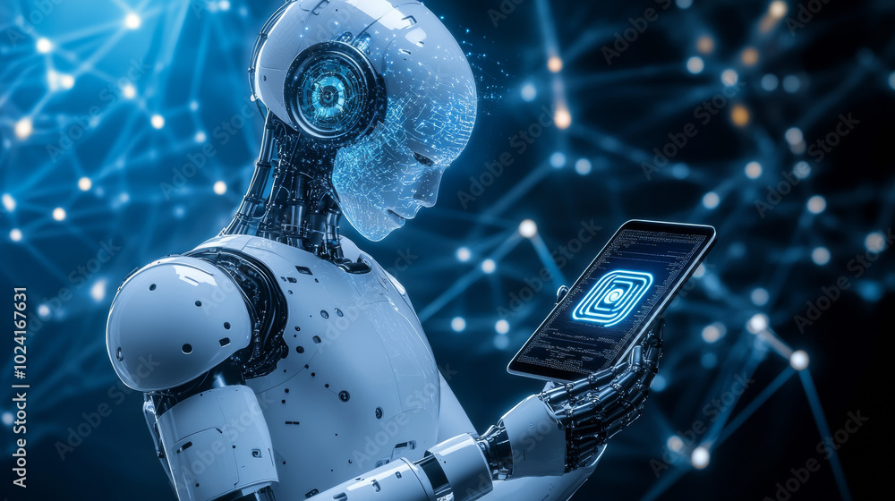 Poster an ai robot examines a logo displayed on a phone. the image represents the concept of artificial int