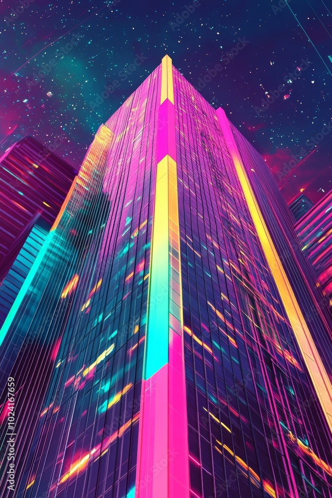 Poster synthwave skyscraper with a dynamic abstract background, featuring vibrant colors and geometric form
