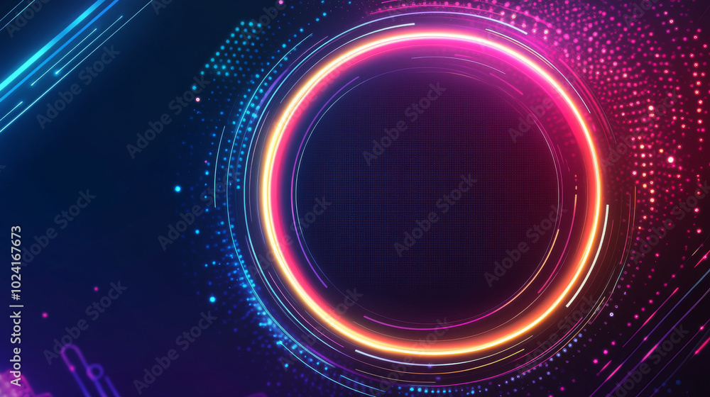 Poster a futuristic cover design with a round frame. it features a digital technology background with glowi