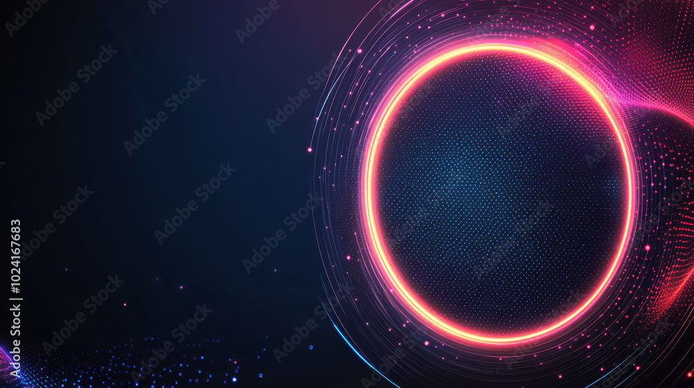Poster a futuristic cover design with a round frame. it features a digital technology background with glowi