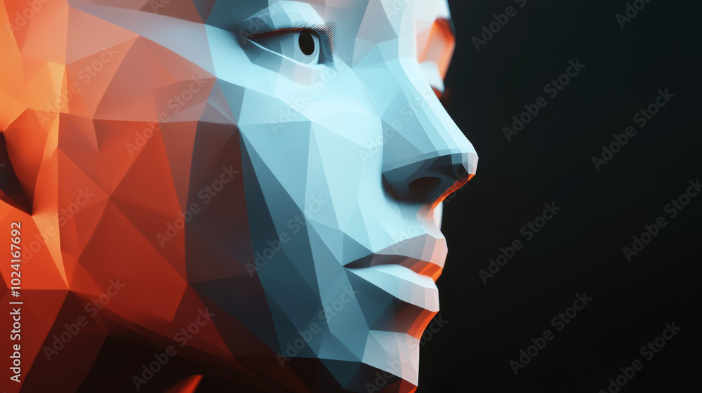 Poster ai uses computer graphics to analyze information and data. a low-poly face represents the ai, showca