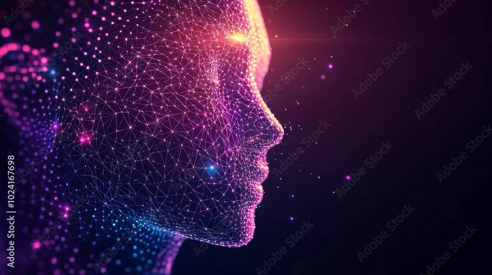 Poster ai uses computer graphics to analyze information and data. a low-poly face represents the ai, showca