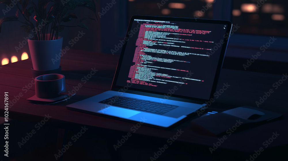 Poster a laptop sits on a table, showing code on its screen. this represents the process of software develo