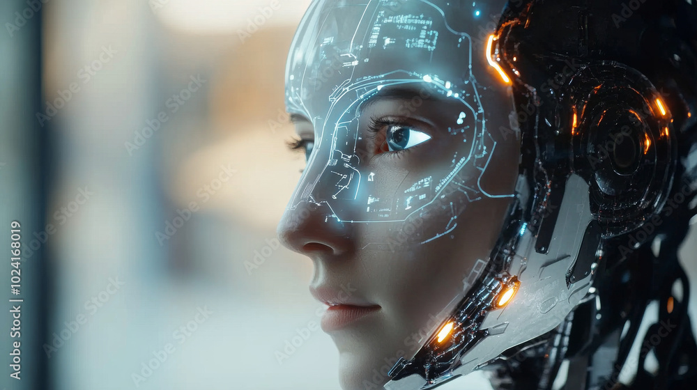 Poster an engineer is working on ai software, using a robot head as a visual representation. they are progr