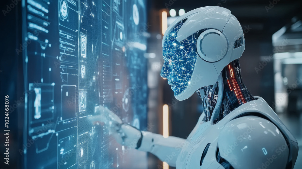 Poster an engineer is working on ai software, using a robot head as a visual representation. they are progr