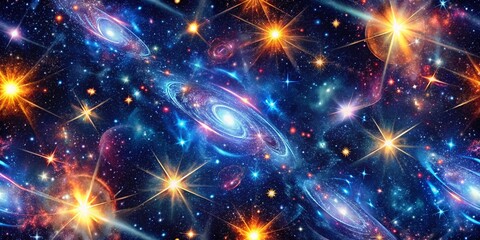 Obraz premium Vibrant Seamless Pattern of Distant Quasars and Pulsars in a Cosmic Background for Space and Astronomy Themes