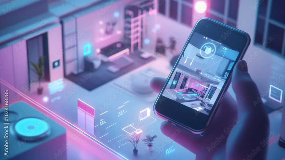 Poster this illustration shows a mobile app that lets you design a smart home system. it uses holographic g
