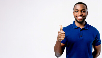 A portrait of a smiling Black person wearing a navy blue polo shirt and giving a thumbs up against a white background.