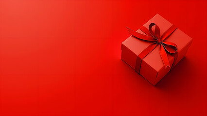 beautiful red square gift box with red bow on side on red background top view