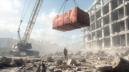 A worker standing underneath a heavy load being lifted by a crane in a construction site posing unsafe conditions for workers