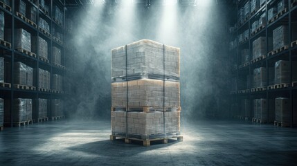 Stack of three high pallets in a warehouse under spotlights posing risk of product damage from unsafe conditions