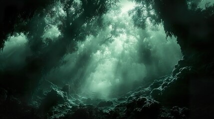 Enchanted Forest Path: Sunbeams Through Mist