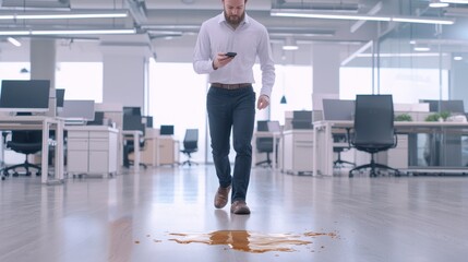 An employee distracted by their phone walking toward spilled liquid in an office demonstrating careless and unsafe behavior