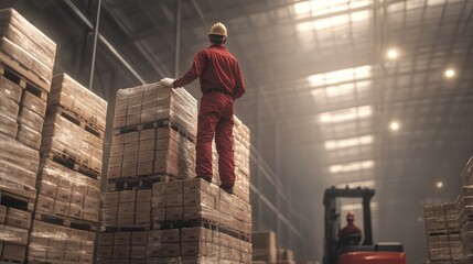 A worker standing on stacked pallets in a warehouse posing a risk of product damage due to unsafe conditions