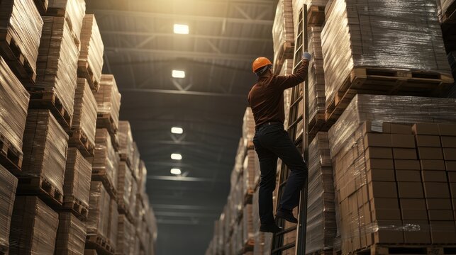 A worker climbing a tall ladder without safety equipment in a warehouse filled with pallets showing unsafe acts. - Powered by Adobe