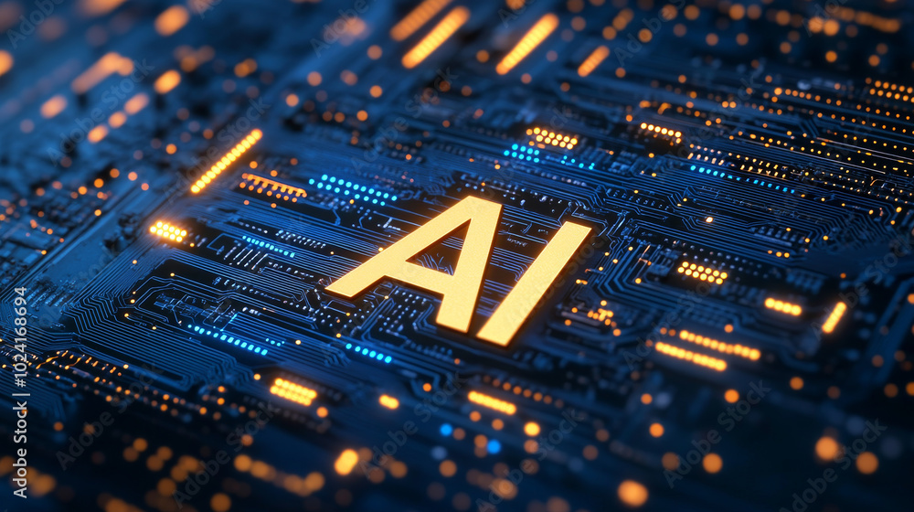 Poster an ai logo, either as letters or an abbreviation, is shown in a 3d perspective on a circuit board ba