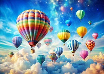 Obraz premium Vibrant watercolor balloons soar through the sky, capturing a breathtaking aerial view of colorful patterns against the endless blue, evoking joy and