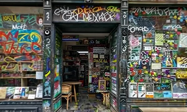 Graffiti-covered storefront in Paris