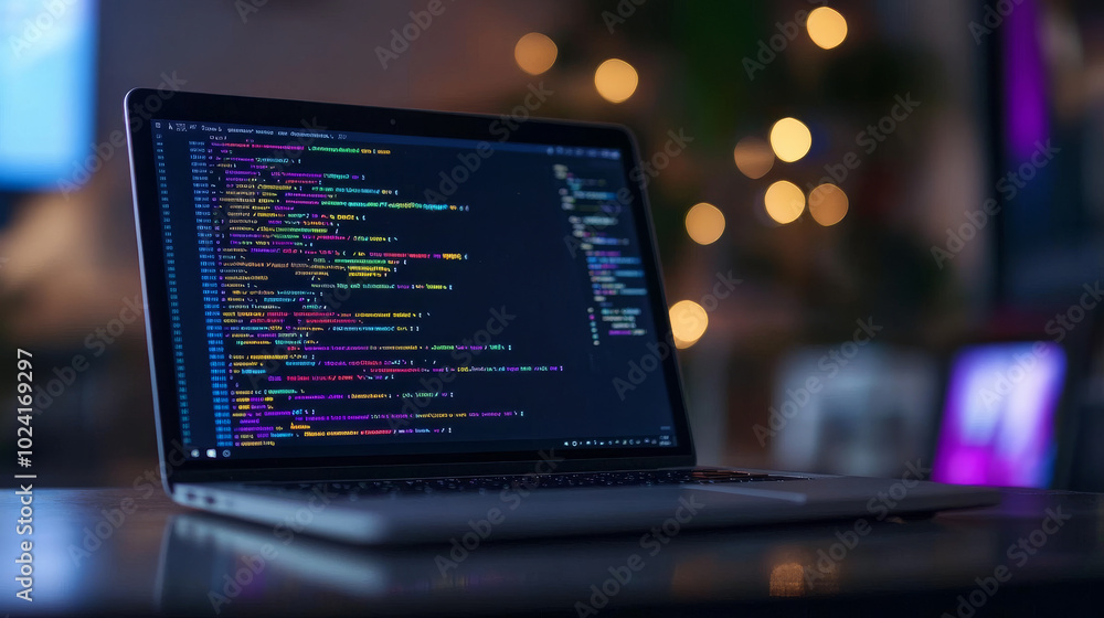 Poster building websites and apps that work on any device. the image shows a laptop with code and symbols r